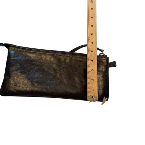 Lattico Leather Wristlet-Dark Brown-Three Zip Compartments-Geometric Fabric - Picture 8 of 9